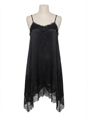 ODDI Black Satin & Lace Eyelash Trim Slip Dress - Size 2XL